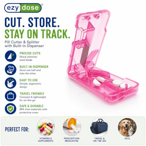Image of Ezy Dose Pill Cutter & Splitter, Built-in Pill Dispenser, Pink