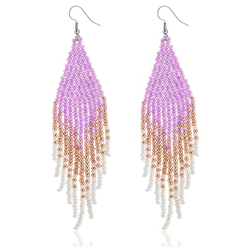 Native Beaded Tassel Earrings Boho - Handmade Seed Bead Statement Fringe Drop Earrings for Women Dangling