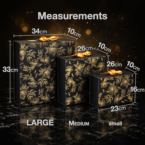 Image of RBS - Black Gift Boxes Combo Set (3 Pack) with Satin Ribbon | Small, Medium & Large Hamper Boxes for Gift Packing, Return Gifts, Saree Packaging Decorative Floral Empty Gift Box (S, M, L)