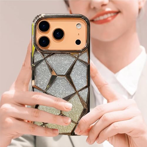 Image of VONZEE Gradient Glitter Back Cover Case Compatible with iPhone 17 Pro, Luxury Electroplated 3D Cube, Diamond Bling Shiny Soft TPU Clear Shockproof Women Girls Protective Phone Cover (Gold)