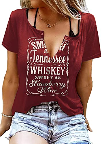 Smooth As Tennessee Whiskey Sweet As Strawberry Wine T-Shirt Women Sexy V-Neck Shirt Country Music Short Sleeve Shirt