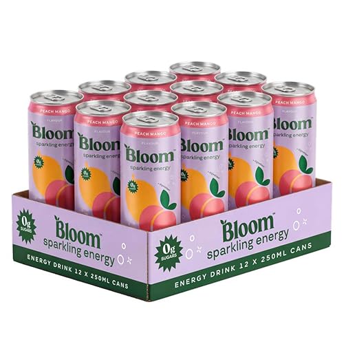 Bloom Nutrition Sparkling Energy Drink Peach Mango 250ml (12 Pack) | Zero Sugar Energy Drink with 80mg Natural Caffeine Vitamins C B3 & B5 | Low Calorie and Multivitamin Energy Drink