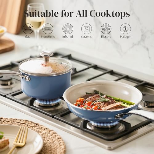 Image of Redchef Saucepan & Frying Pan Set, 8 inch Ceramic Frying pan & 2.5Qt Saucepan with Lid, Cookware Set, Induction Compatible, Nontoxic PTFE PFOA Free, Oven & Dishwasher Safe, Blue