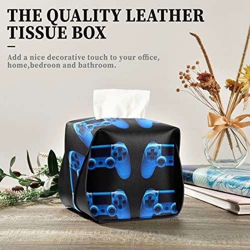 Oyihfvs Video Game Joystick Gamepad In Blue Neon Lights Isolated On Black Square Leather Tissue Box Cover With Handle For Bathroom Home Night Stands Vanity Countertop Office Desk Car 5.7X5.7X5.7 In #TOP4