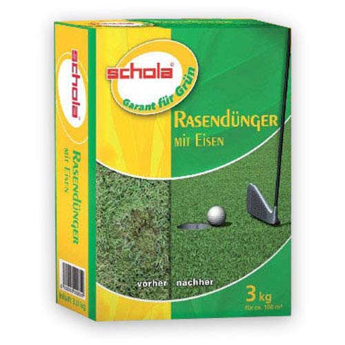 Schola Rasendünger mit Eisen 3kg für ca 100 m²- Frühjahrsdünger für alle Rasen Anlagen - ob Zierrasen Gebrauchsrasen Sportrasen gegen Moos und Unkraut