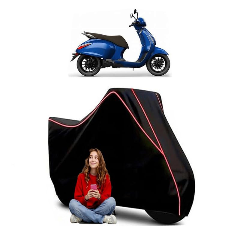Image of Chetak Blue 3202 TecPac Scooty Bike Cover Water Resistant Outdoor Use Universal Fit Scooters Motorcycles Heavy Duty UV Protection Dust Rain Scratch Resistant Elastic Bottom Black Blue Piping
