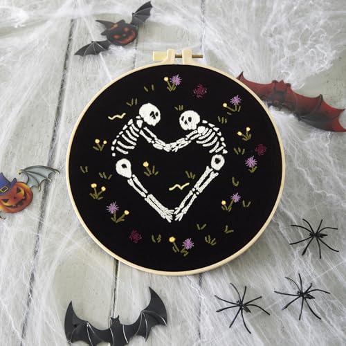 Image of Halloween Embroidery Kits for Beginners Adults, Skeleton Stamped Cross Stitch Kit for Adult Beginners, Gothic Hand Embroidery Starter Kits, 2 Set Embroidery Supplies, 2 Hoops (Attached Video Tutorial)
