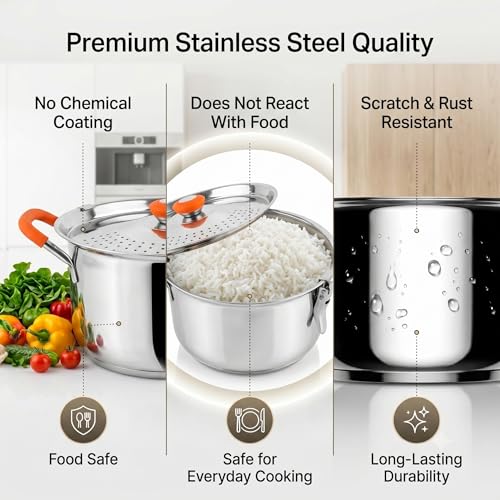 Image of MYNAKSHA Stainless Steel Strainer Pot with Double Lid, 0.8 CM Heavy Base Rice Cooker with Locking Handles, Induction & Gas Compatible, Drain Easily, Ideal for Pasta, Noodles & Vegetables - 4 L