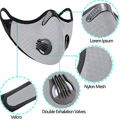 Masque anti-poussière anti-pollution pour sport avec 3 filtres à charbon actif et 2 valves anti-poussière - Pour moto, cyclisme, course à pied, évacuation des fumées (gris) - Image 4