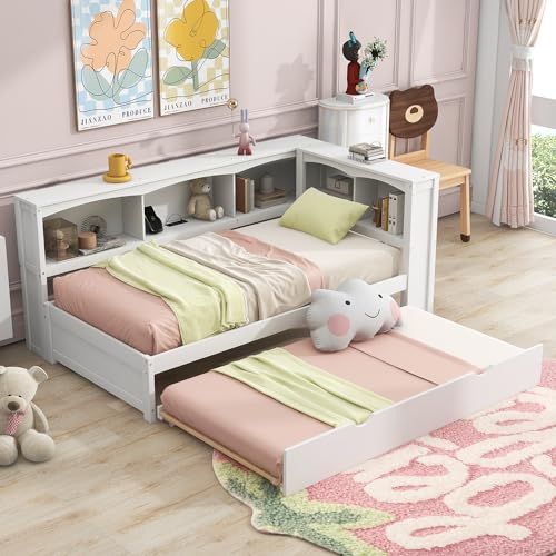 HomSof Twin Size Daybed with Trundle,L-Shaped Bookcases,Storage Cabinets and USB Ports,White