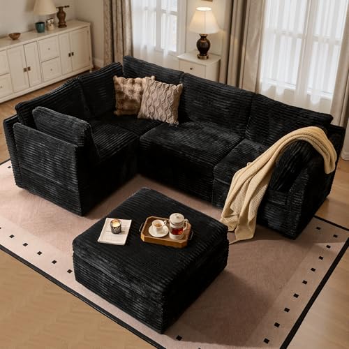 Image of ovios Modular Sectional Sofa Couch with Sofa Bed L-Shape Chaise, Comfy Plush Corduroy Cloud Couches, Modern Luxury Deep Seat Sofas Set for Living Room, 5-Seater, Black