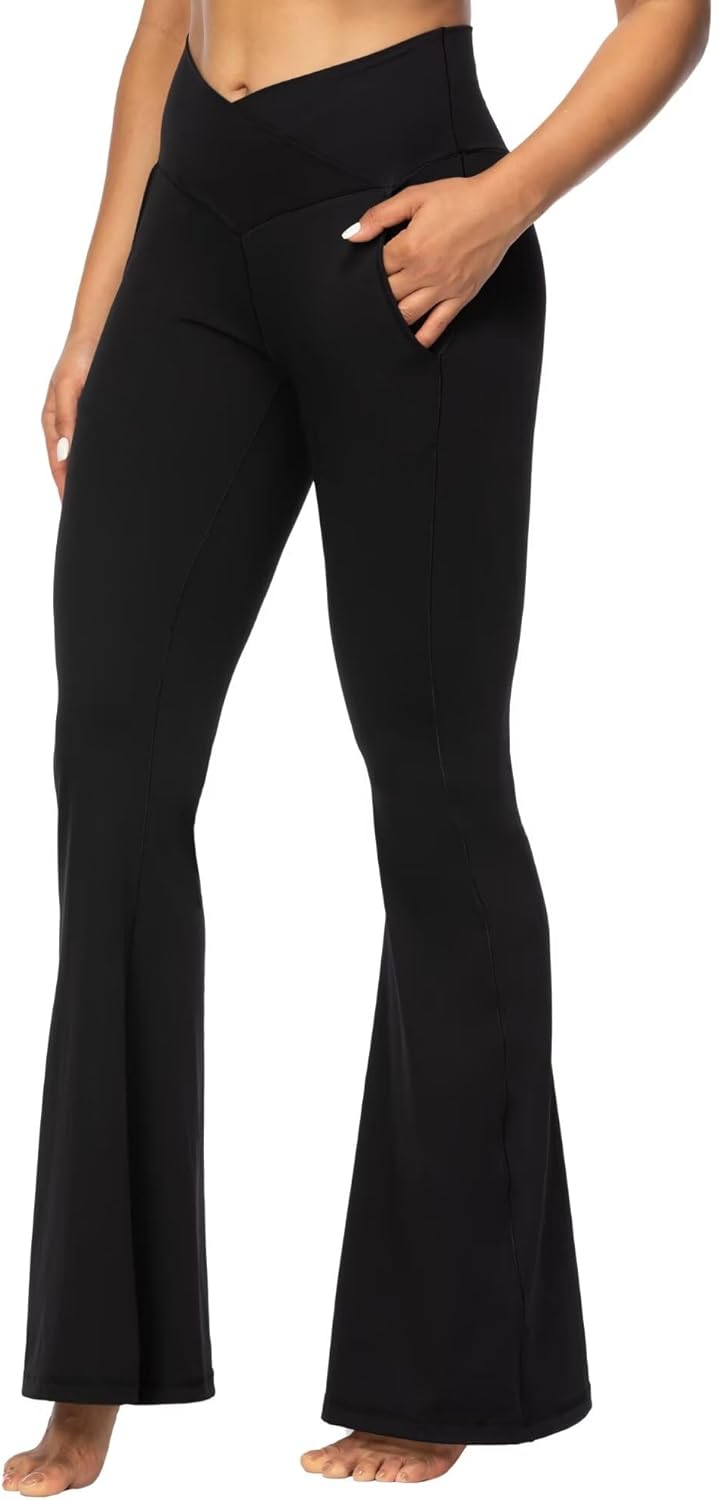 Sunzel Crossover Flare Leggings for Women Tummy Control Yoga Pants with Pockets High Waisted and Wide Leg