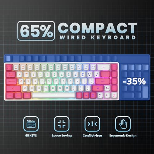 Image of GEODMAER 65% Gaming Keyboard, LED Backlit Mini Wired Keyboard, Ultra-Compact Anti-Ghosting No-Conflict 68 Keys Membrane Gaming Wired Keyboard for PC Laptop Windows Gamer(White-Pink)