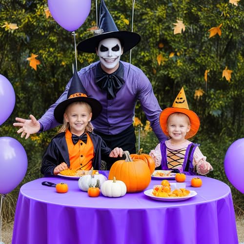 Image of CIEOVO 12 Pack Halloween Plastic Tablecloth Black Orange Purple Color Disposable Waterproof Round Tablecloth for Halloween Witch Vampire Party Decorations