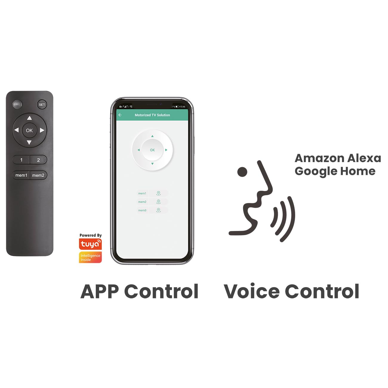my wall Soporte de Techo para TV motorizado, HL49ML, Smart Home, Compatible con Alexa y Google Home, Control por Voz, Soporte de Techo eléctrico, Plegable, Giratorio, Mando a Distancia o Control por