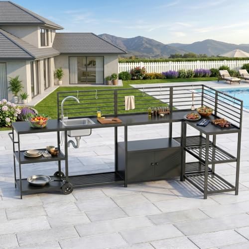 LEVELEVE Modular Outdoor Kitchen Island 5-Piece Set Aluminum Outdoor Prep Station Grill Cart with Independent Sink Storage Cabinets & Shelves for Backyard Patio Deck