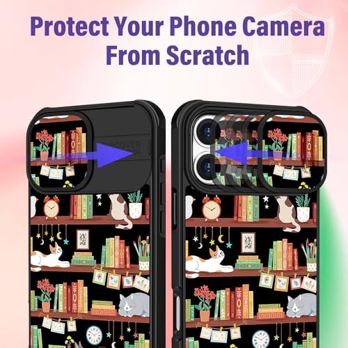Image of Funermei for iPhone 16 Case - Women Girls Cute Phone Cover Girly Pretty Aesthetic Cat and Books Unique Design with Camera Cover Funda for Apple for iPhone 16