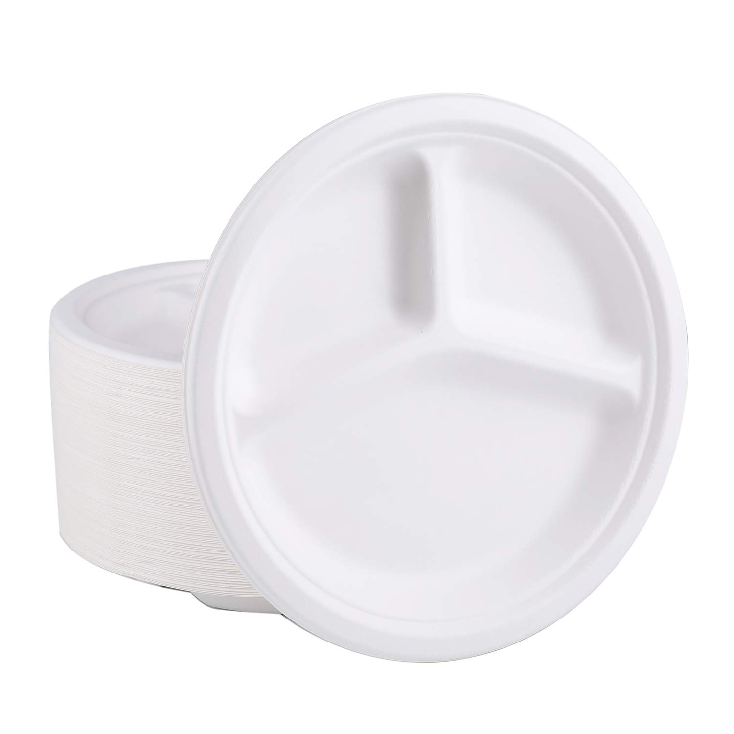 Bekith 100 Pack Paper Plate, 10 Inch 3 - Compartment Biodegradable Plates Compostable Disposable Plates, Natural Bagasse Eco-Friendly Made of Suger Cane Fibers, White