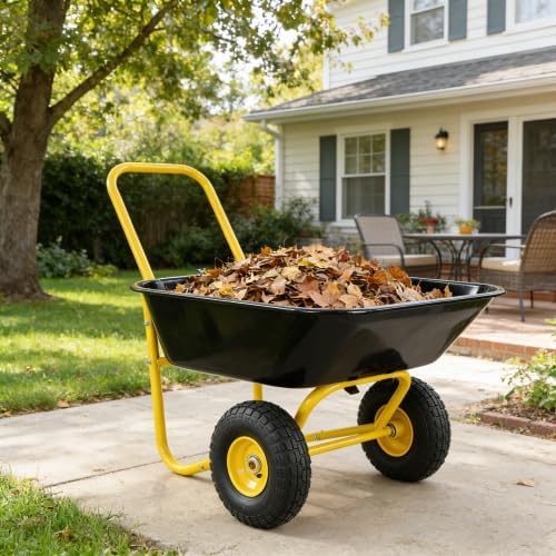 Two-Wheeled Barrow, Garden Cart, 10-inch Pneumatic Wheels Dump Cart (Black)