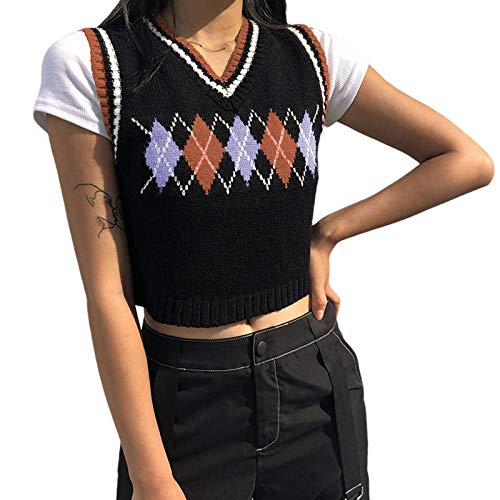 Women Juniors Vintage Knitwear Tank Top V Neck Argyle Plaid Knitted Sweater Vest Crop Top Streetwear (A Brown, S)