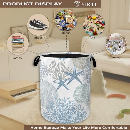 Image of Collapsible Laundry Basket,Coastal Beach Dirty Clothes Hamper,Watercolor Shell Starfish Coral Hampers for Bedroom Waterproof Oxford Cloth Storage Organizer for Bathroom,Nursery,Dorm,16x20 Inch