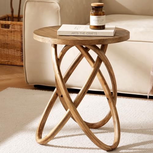 Cagnolier Table d'Appoint Ronde en Bois, Table Basse pour Salon, Bout de Canapé Moderne, Table de Chevet Haute avec 3 Pieds Elliptiques, Petit Meuble Salon Style...