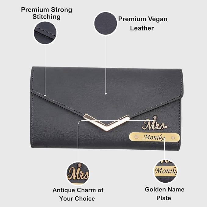Image of WALLETKART Personalized Leather Women's Clutch with Name & Charm | Customized Clutch for Girlfriend Friend Wife Mother & Sister
