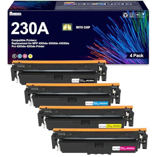 230 230A Toner Cartridges (with New Chip) High Yield Compatible for 230A W2300A W2301A W2302A W2303A Replacement for HP Color Pro 4203dn 4203dw 4303dw 4303fdw 4303fdn Printer