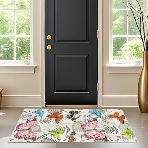 RUUGME Washable 2x5 Runner Rug - Boho Rugs for Living Room Kitchen Stain Resistant Carpet Vintage Tribal Rugs for Bedroom Bathroom with Non Slip Backing Floor Decoration Mat 2x5 Butterfly Beige