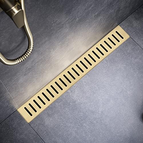 BAUNVB Linear Shower Drain 24 Inch Rectangular, Brushed Gold 304 Stainless Steel Shower Drain, 51L/Min Fast Drainage Floor Linear Drain, US Standard CUPC Certified, Zirconium Gold, SD-104-24ZG