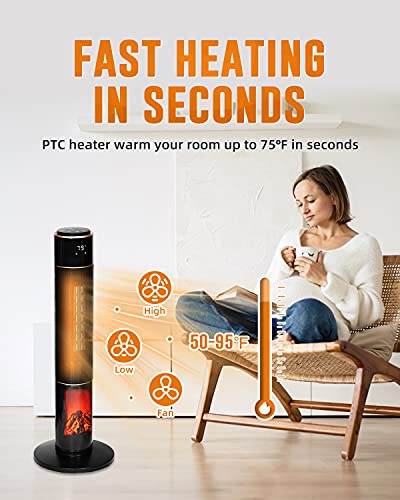 Space Heater For Large Room, Tower Heater With 3D Electric Fireplace, 1500W Ceramic Heater With Thermostat, Remote Control, 60° Oscillation, Tip-Over, 12H Timer, For Home, Office, Indoor Use #TOP3