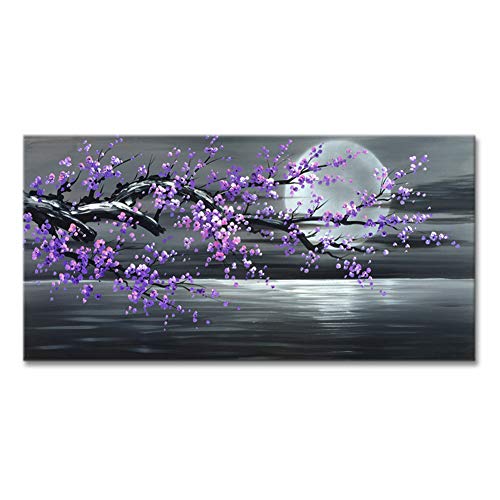 Purple Flower Painting on Canvas Black and White Seascape Wall Art Plum Blossom Artwork for Bedroom Decor