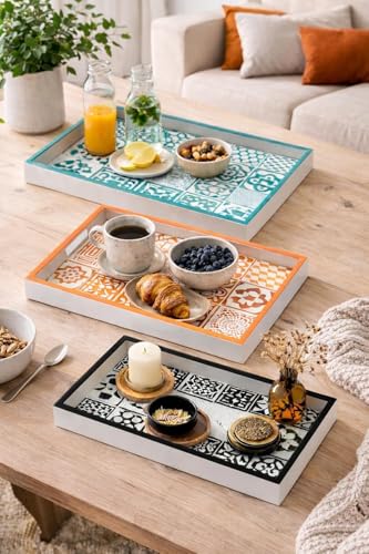 Image of Premium Wooden Serving Tray Set of 3 | Ethnic Indian Art Printed Tea, Coffee & Snack Trays | Decorative Multipurpose Home & Kitchen Serving Tray (A-01)