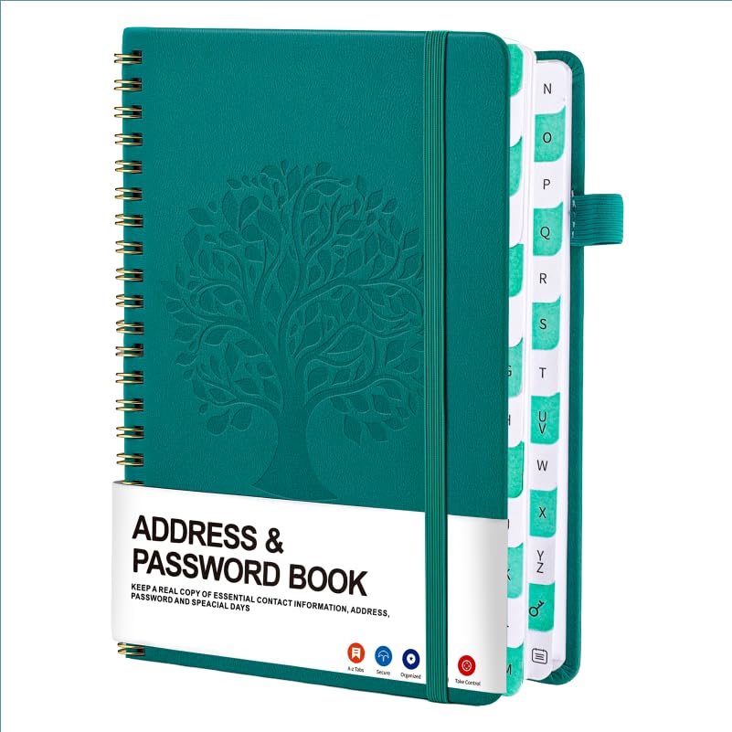 Password Book & Address Book with Alphabetical Tabs, Hardcover Spiral Telephone and Contact Keeper Organizer for Managing Internet Website Addresses and Logins, 7.7 X 5.5" - Green