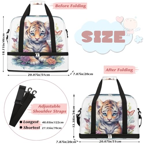 Travel Duffel Bags Cut Tiger Butterfly Foldable Weekender Bags for Women with Shoes Compartment Waterproof & Tear Resistant Carry on Overnight Luggage Duffel Bag Shoulder Sports Tote Bag,A-5092