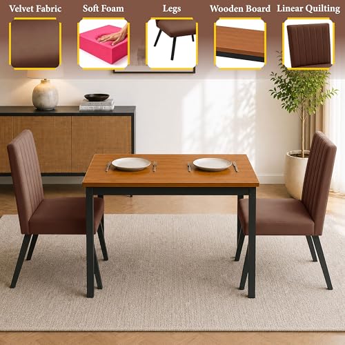 Image of Rosebell Set of 2 Dining Table Chairs with Wooden Top Table, Upholstered Cushioned Chairs, Modern Compact Dining Set for Home, Kitchen & Dining Room (Brown)