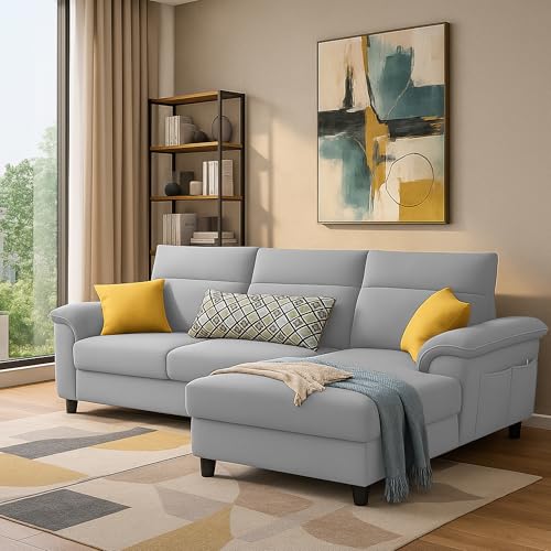 Image of Casaliving Seams RHS 4 Seater L Shape Sofa for Living Room (Grey Fabric) Premium Fabric Sofa