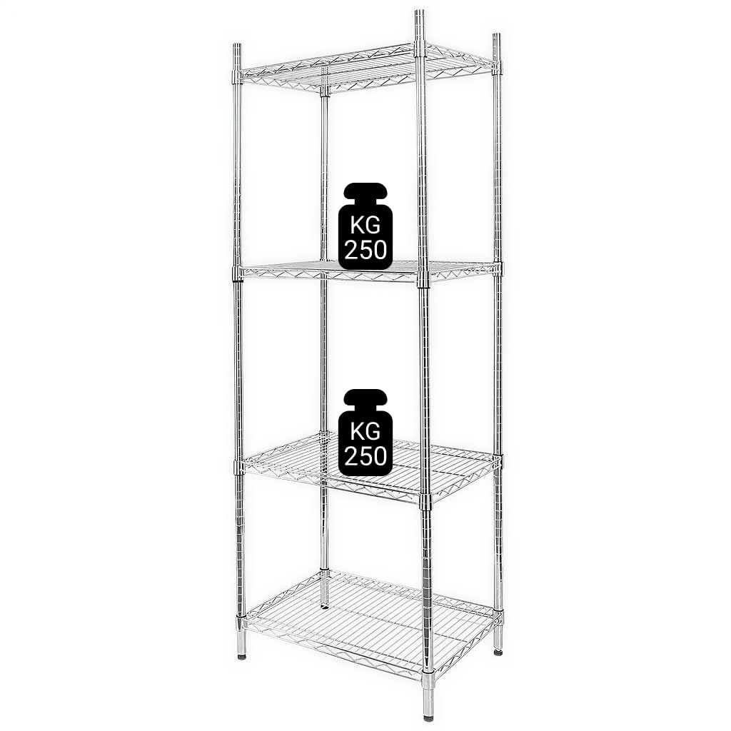 Mega-M Gastroregal Draht verchromt 4-fach 60x45x180 cm Chromstahl verstellbare Regale und Füße einfache Montage für Küche und Lager
