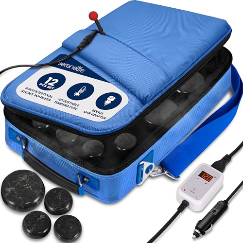 SereneLife Portable Massage Stone Warmer Set - Electric Spa Hot Stones Massager and Heater Kit with 6 Large and 6 Small Round Shaped Basalt Massaging Rocks Digital Controller Heating Bag