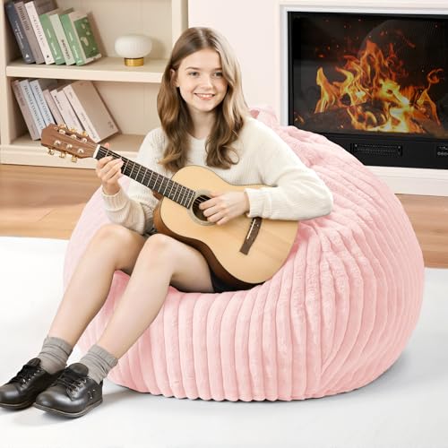 Homguava 2FT Bean Bag Chair 2 Small Bean Bags with Memory Foam Filled Beanbag Chairs with Machine Washable Cover Dutch Corded Plush Cover for Classroom Living Room Bedroom-Soft Pink