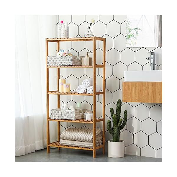 SONGMICS BCB35Y Bathroom Kitchen Storage Bamboo 5 Shelves Adjustable Floor Height Flower Stand Book Shelf Natural, 60 x 26 x 130 cm – Bild 5