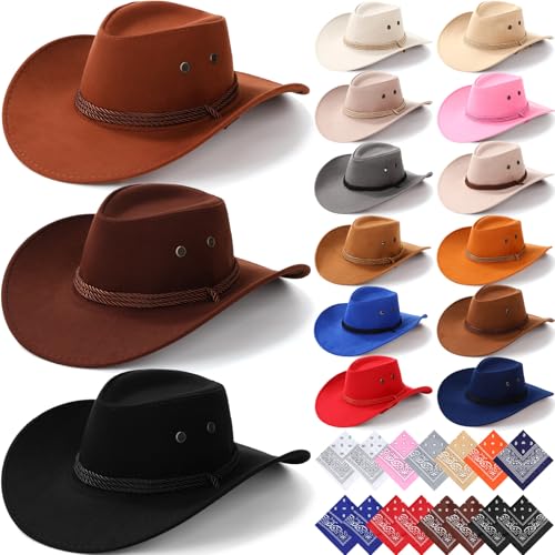 Image of Coume 15 Set Western Cowboy Hat Costume Accessories Paisley Bandanna Cowgirl Hats Bulk for Adult Women Men Dress Party