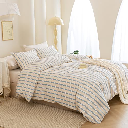 Image of ECOCOTT Striped Duvet Cover King Size, 100% Washed Cotton Linen Feel Bedding Set, Blue Brown Pinstripe Comforter Cover with Zipper Closure & Corner Ties