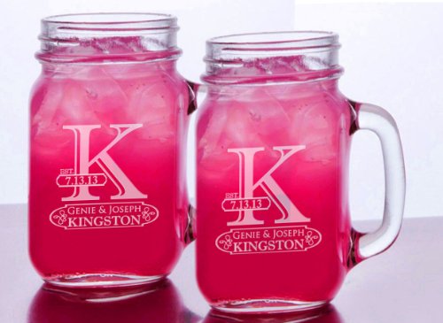 Initial Mr Mrs Set Of 2 Personalized Mason Jar Drinking Mugs With Handle Custom Etched Name Date For Wedding, Engagement Anniversary Bridal Party Favor Newlyweds Couple Engraved His And Hers Gift Idea #TOP8