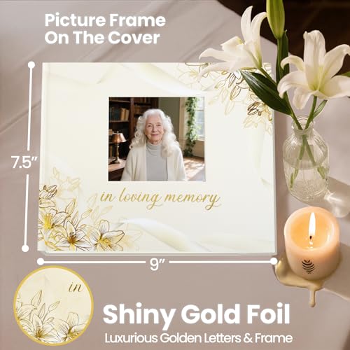 Image of Funeral Guest Book, in Loving Memory Sign in Book with Photo Slot | 330 Entries, Table Sign Card Included, Gold Stamping, Twill-Textured Paper Cover, Celebration of Life Keepsake, 9x7.5 inch, Beige