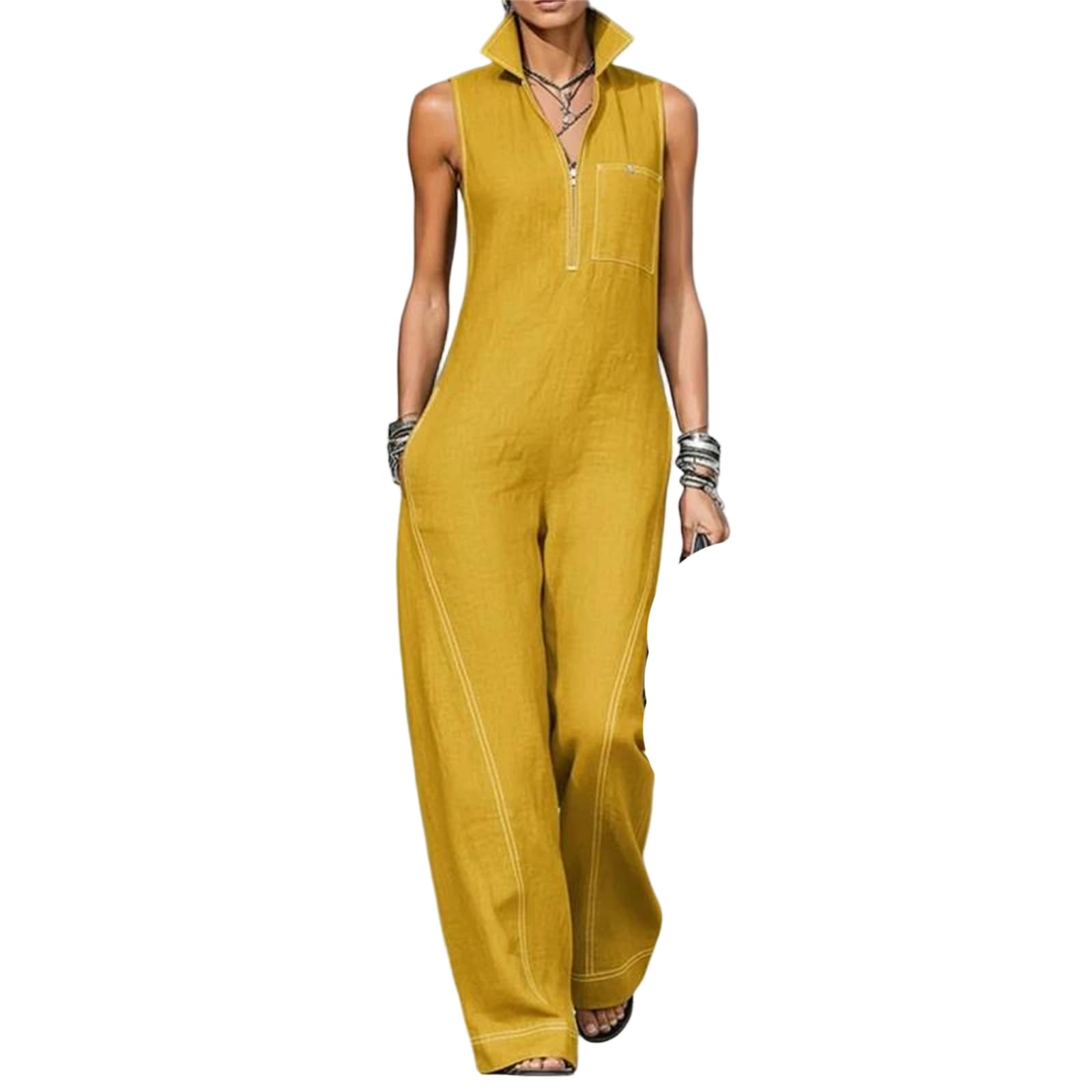 Yeuyyben Enterizo de algodón y lino para mujer, sin mangas, cuello alto, cremallera frontal, bolsillo, casual, ajuste holgado, elegante, para fiesta