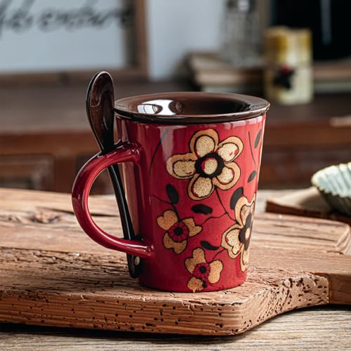 Taza de cerámica 12 oz con tapa y cuchara rojo miniatura 2