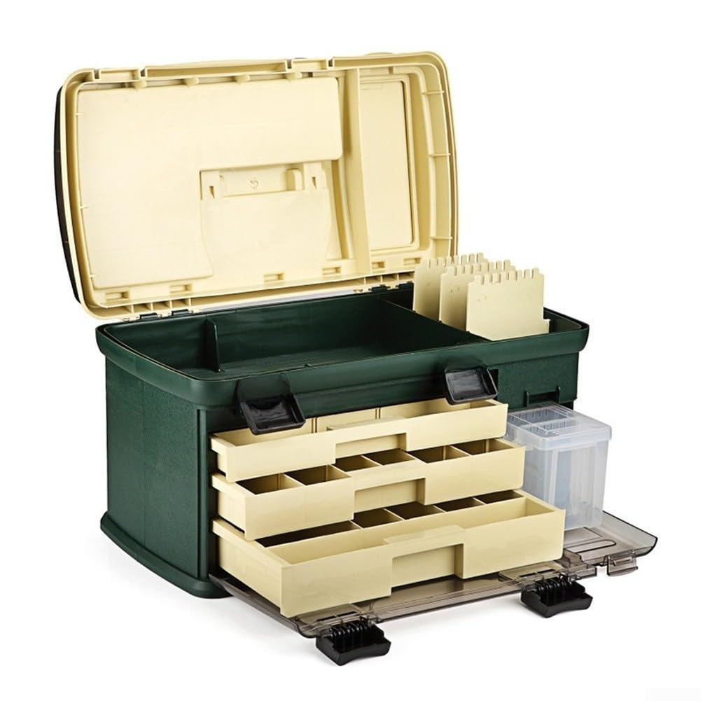 Grande Scatola per Attrezzatura da Pesca con cassetti a 3 Strati, 53 x 28 x 30 cm, Organizer per Esche per Pesca in Mare, Slot fissi Profondi e Chiusure di bloccaggio rinforzate, Verde