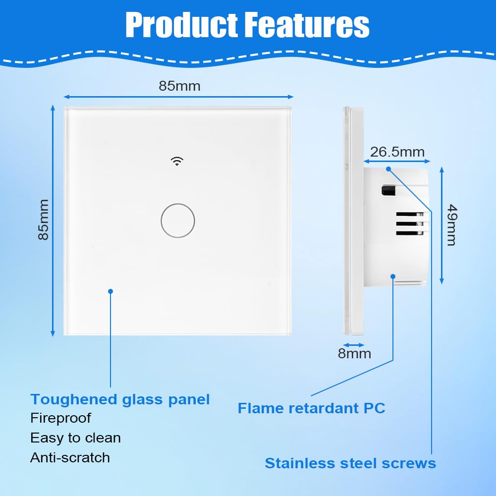 Ainiv Inteligentny włącznik światła WiFi, 1-drożny, 2,4 GHz, Alexa Google Home, obsługa aplikacji Tuya, sterowanie głosem, szkło hartowane, dotykowa rama, przełącznik ścienny, podtynkowy, biały