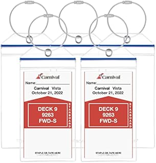 Wisdompro Cruise Luggage Tag Holders, 5-Pack Clear Waterproof PVC Pouch with Zipper & Steel Loops for Cruise Trip (Blue Zip)